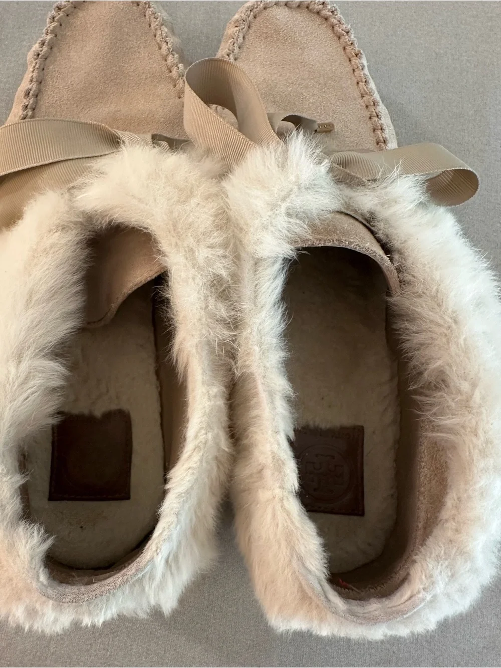 Tory Burch Aberdeen Light Camel Suede Slipper with Rabbit Fur Trim